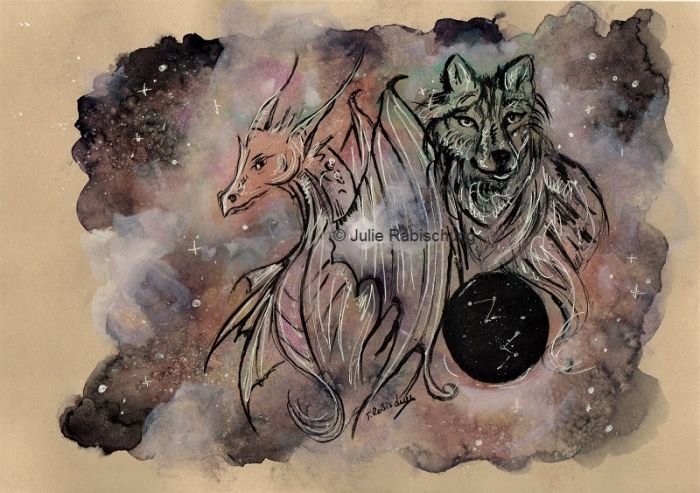 Dragon and wolf galaxy by Julie Rabischung